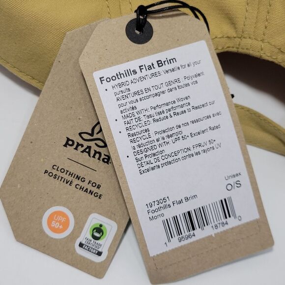 Prana Foothills Flat Brim Hat UPF 50 Tan Adjustable Unisex Logo Packable NEW - Picture 7 of 16